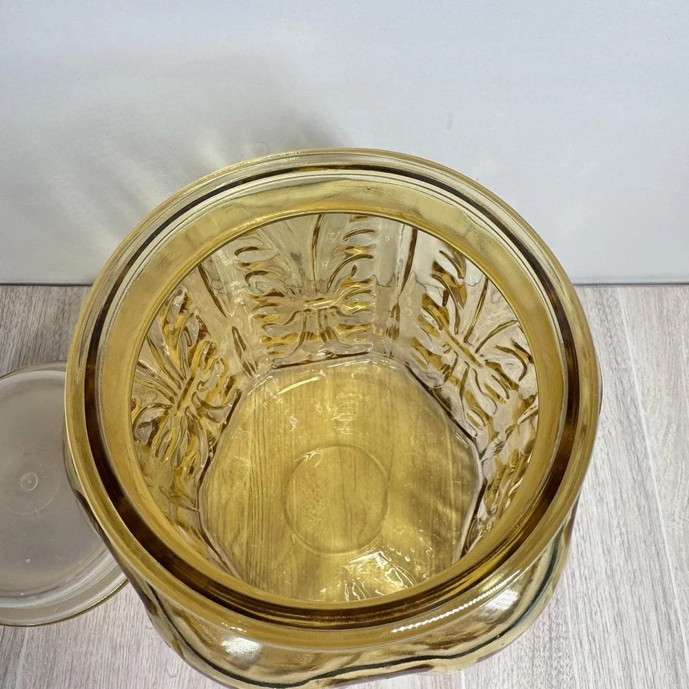 Amber‎ Glass Apothecary Jar Canister Lid Vintage Floral Embossed 9in